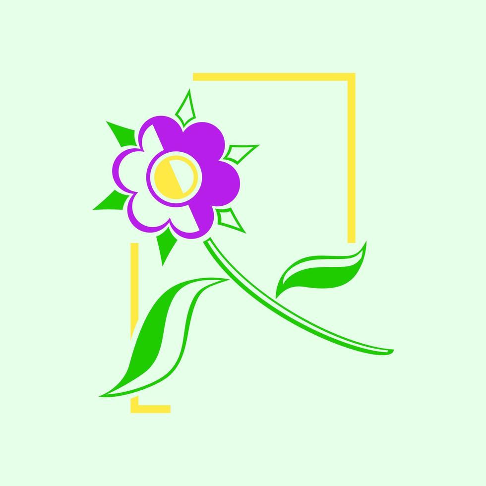 illustration de fleur. pétales violets à feuilles vertes et fond vert. simple et frais. adapté aux logos, icônes, décorations, symboles ou signes vecteur
