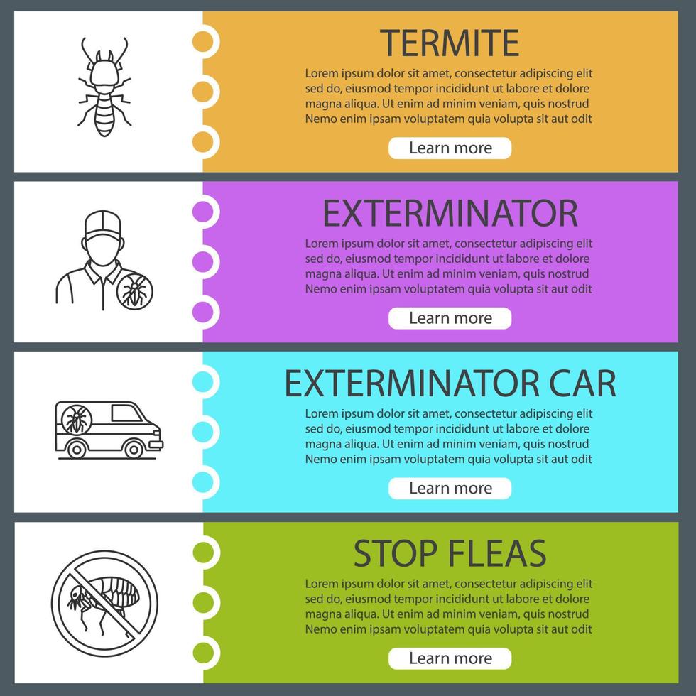 ensemble de modèles de bannière web de lutte antiparasitaire. termite, voiture d'exterminateur, stop puces. éléments de menu de couleur du site Web. concepts de conception d'en-têtes vectoriels vecteur