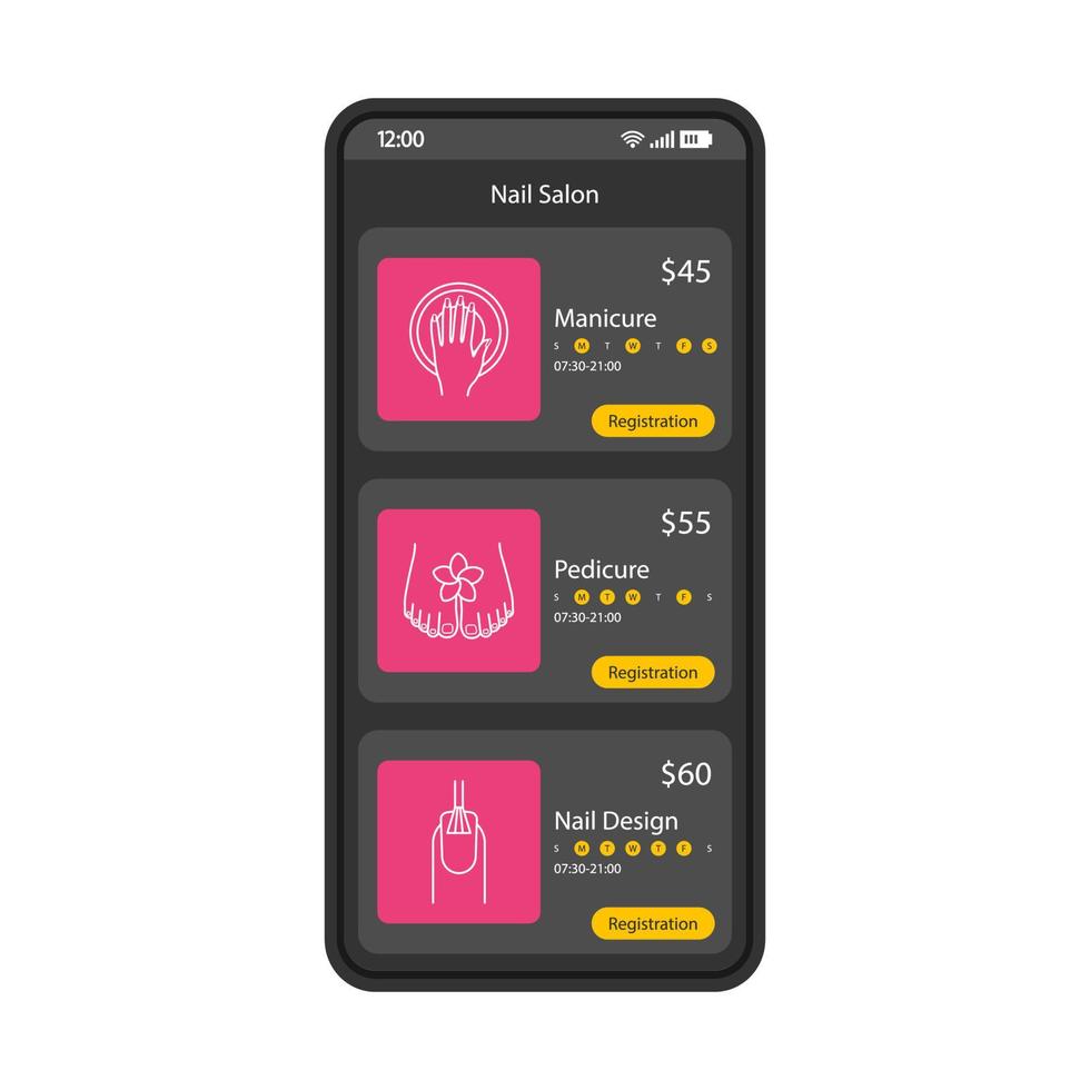 modèle de vecteur d'interface de smartphone de salon de beauté. mise en page de conception noire de la page de l'application mobile. manucure, pédicure, écran de services de conception d'ongles. interface utilisateur plate pour l'application. liste des procédures du spa sur l'écran du téléphone