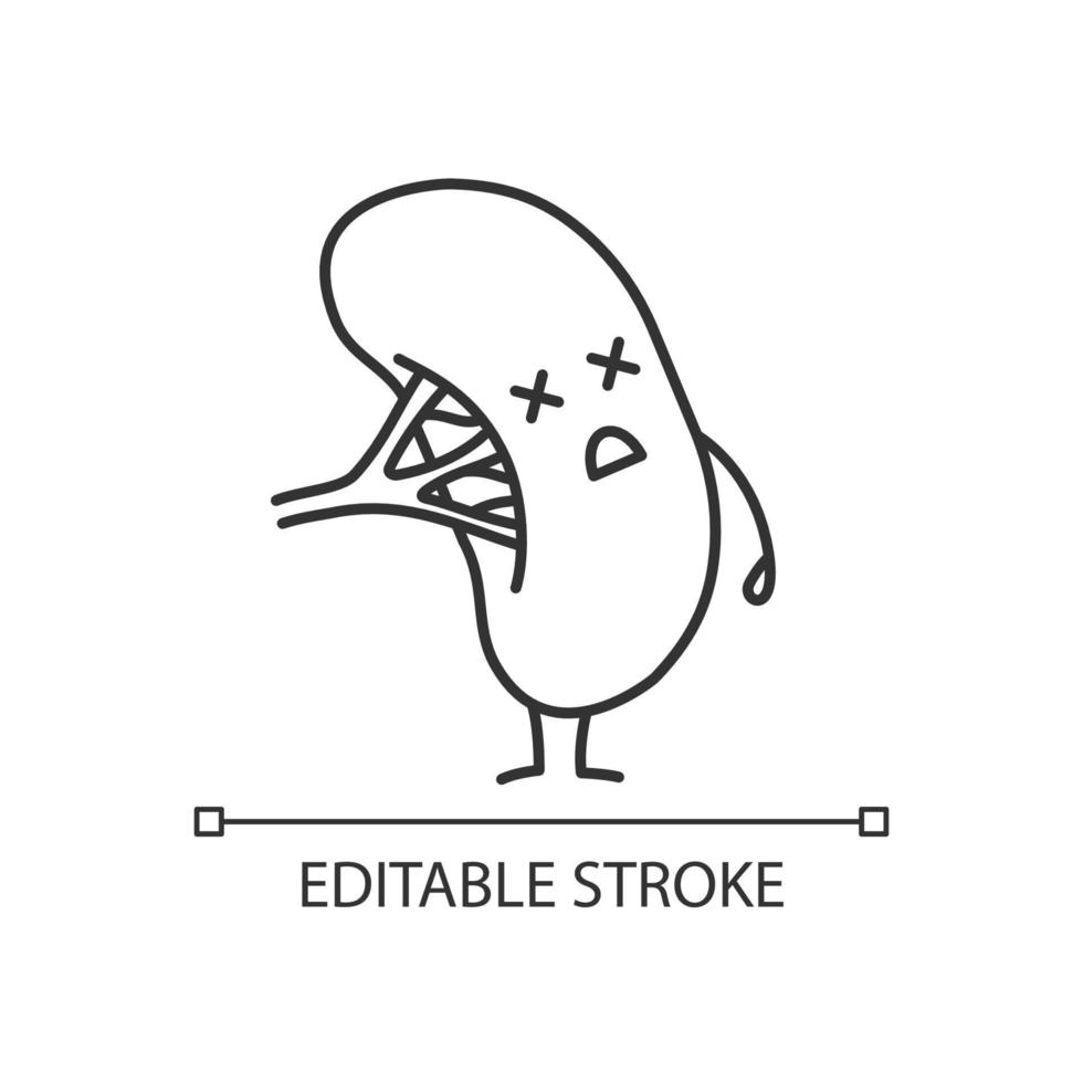 icône linéaire de caractère de rate humaine malheureuse. illustration de la ligne mince. emoji d'organe du système lymphatique malsain. symbole de contour. dessin de contour isolé de vecteur. trait modifiable vecteur