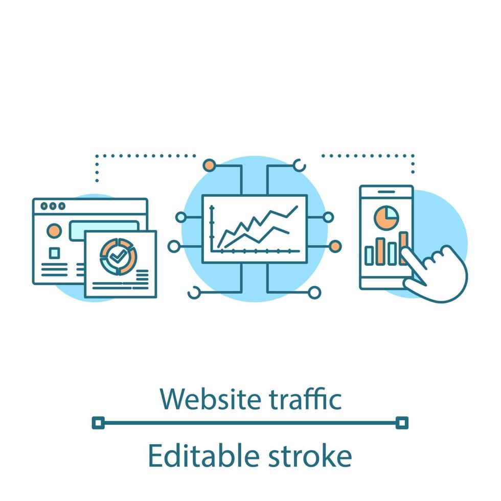 icône de concept de trafic de site Web. métriques smm. illustration de la ligne mince de l'idée d'analyse des médias sociaux. croissance de l'audience, engagement, taux de conversion des ventes. dessin de contour isolé de vecteur. trait modifiable vecteur