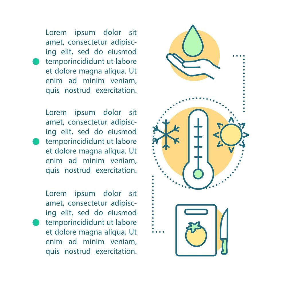 modèle de page d'article sur la sécurité alimentaire. brochure, magazine, conception de livret avec icônes, zones de texte. transformation des aliments, manutention. cuisine, préparation des repas. design d'impression. illustrations de concept avec espace de texte vecteur