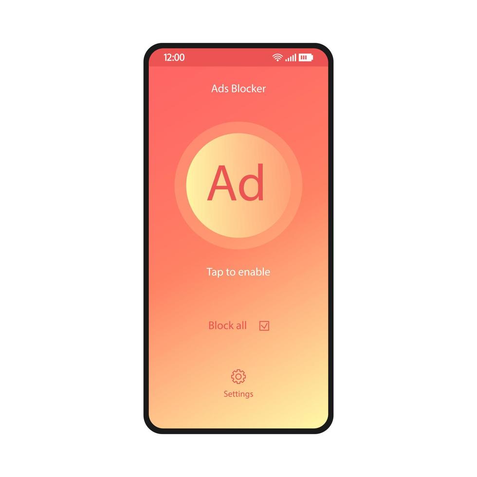 modèle de vecteur d'interface de smartphone d'application de bloqueur d'annonces. mise en page de conception de corail de page utilitaire mobile. écran de l'application adblock. désactiver l'interface utilisateur à gradient plat du plug-in publicitaire. appuyez pour activer l'affichage du bouton du téléphone