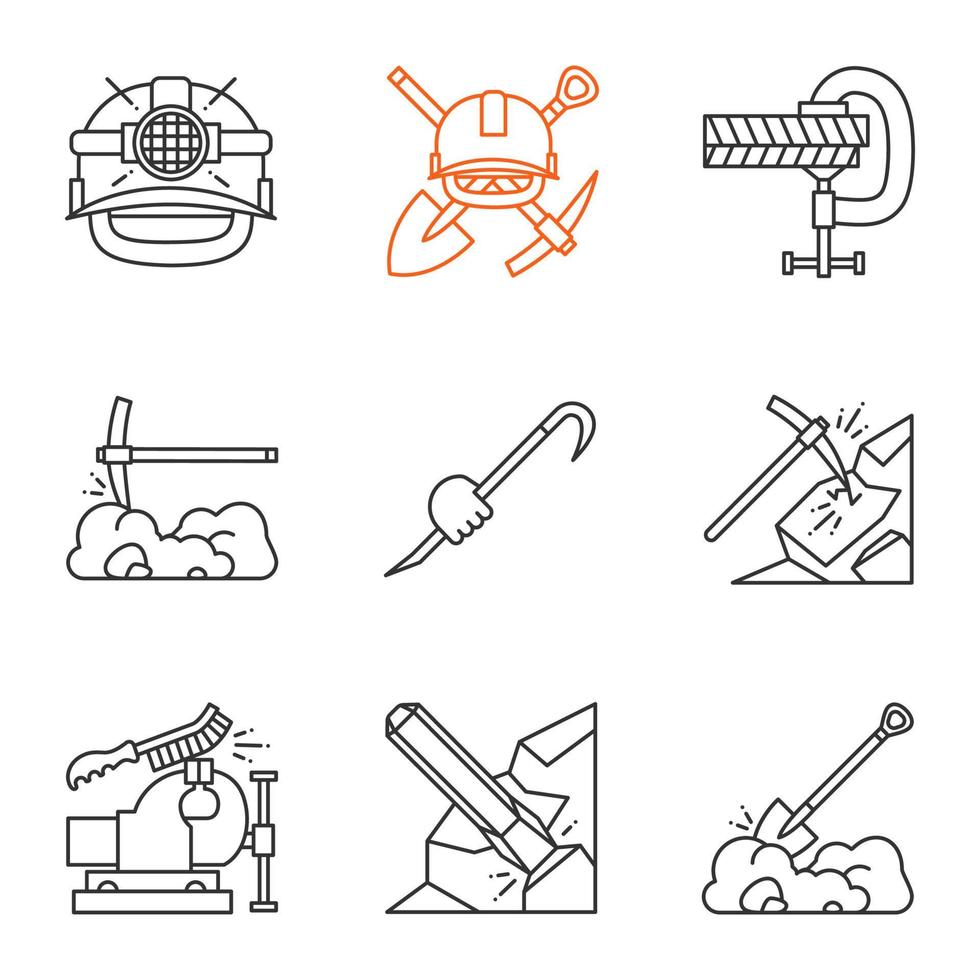 ensemble d'icônes linéaires d'outils de construction. casque de sécurité, pince à vis, pioche, pied de biche à la main, étau et brosse métallique, pelle à bêcher. symboles de contour de ligne mince. illustrations vectorielles isolées vecteur