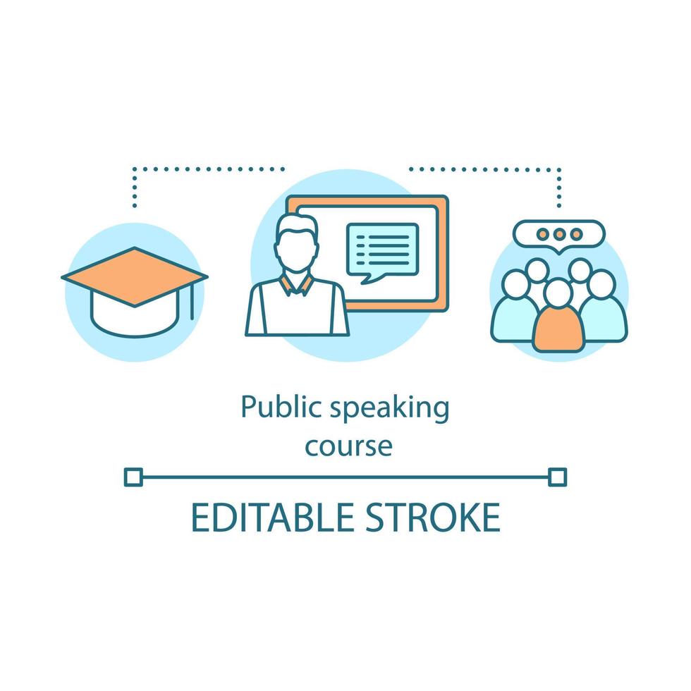 icône de concept de cours de prise de parole en public. tuteur, éducateur, professeur. illustration de la ligne mince de l'idée d'apprentissage en ligne. séminaire en ligne. cours d'oratoire, école. dessin de contour isolé de vecteur. trait modifiable vecteur