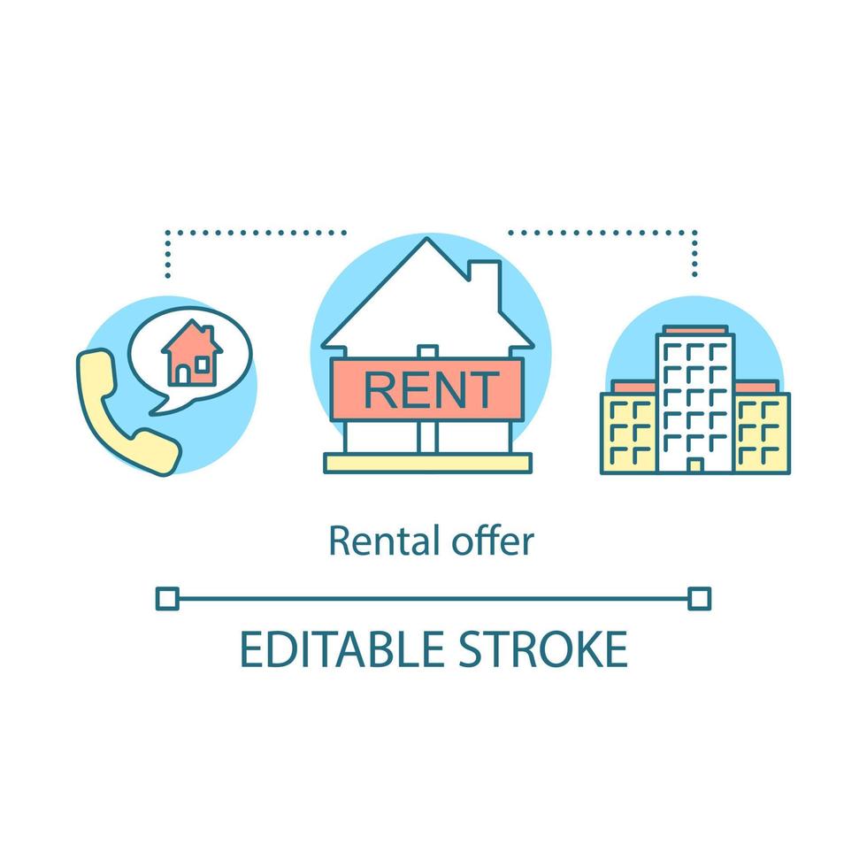 icône de concept d'offre de location. crédit-bail immobilier. combiné, bulle, maisons. location bureau, appartement. maison à louer idée illustration fine ligne. dessin de contour isolé de vecteur. trait modifiable vecteur