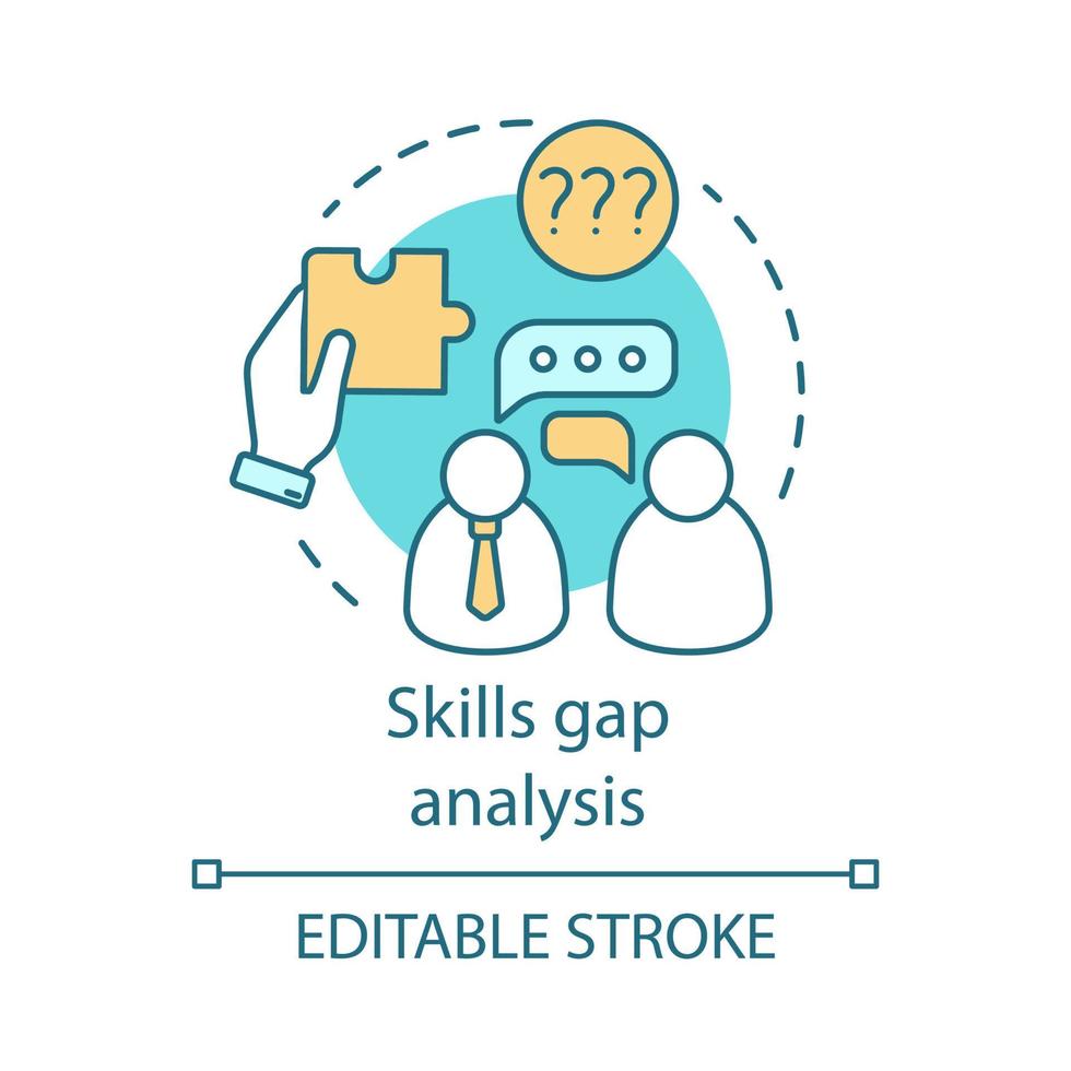 icône de concept d'analyse des écarts de compétences. illustration de la ligne mince de l'idée du processus de recrutement. entretien d'embauche. tâche d'essai. Gain de talent. encadrement des employés. dessin de contour isolé de vecteur. trait modifiable vecteur