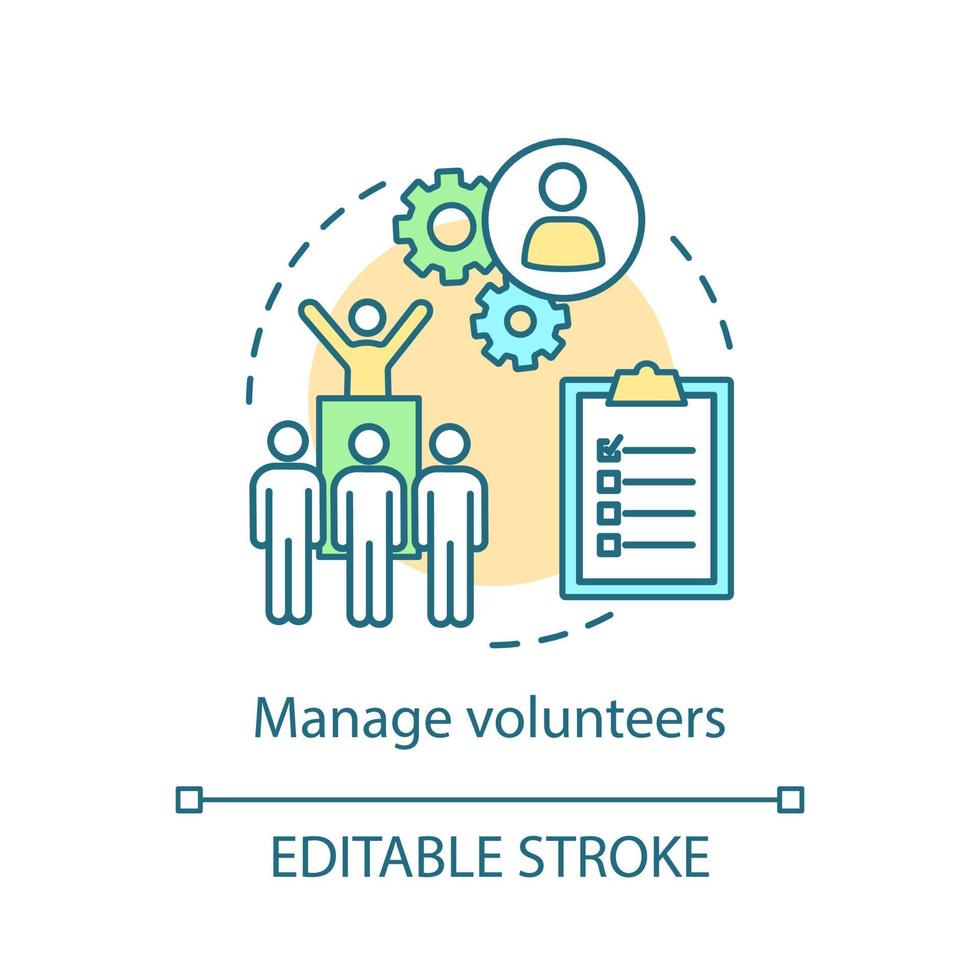 gérer l'icône de concept de bénévoles. Organisation caritative. organisme de bénévolat. illustration de la ligne mince de l'idée de gestion du personnel. dessin de contour isolé de vecteur. trait modifiable vecteur