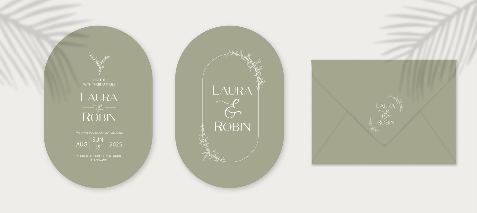 modèle de jeu de carte d'invitation de mariage vintage avec des feuilles et des brindilles. forme ovale et arquée élégante. enveloppe de nom de mariage. vecteur