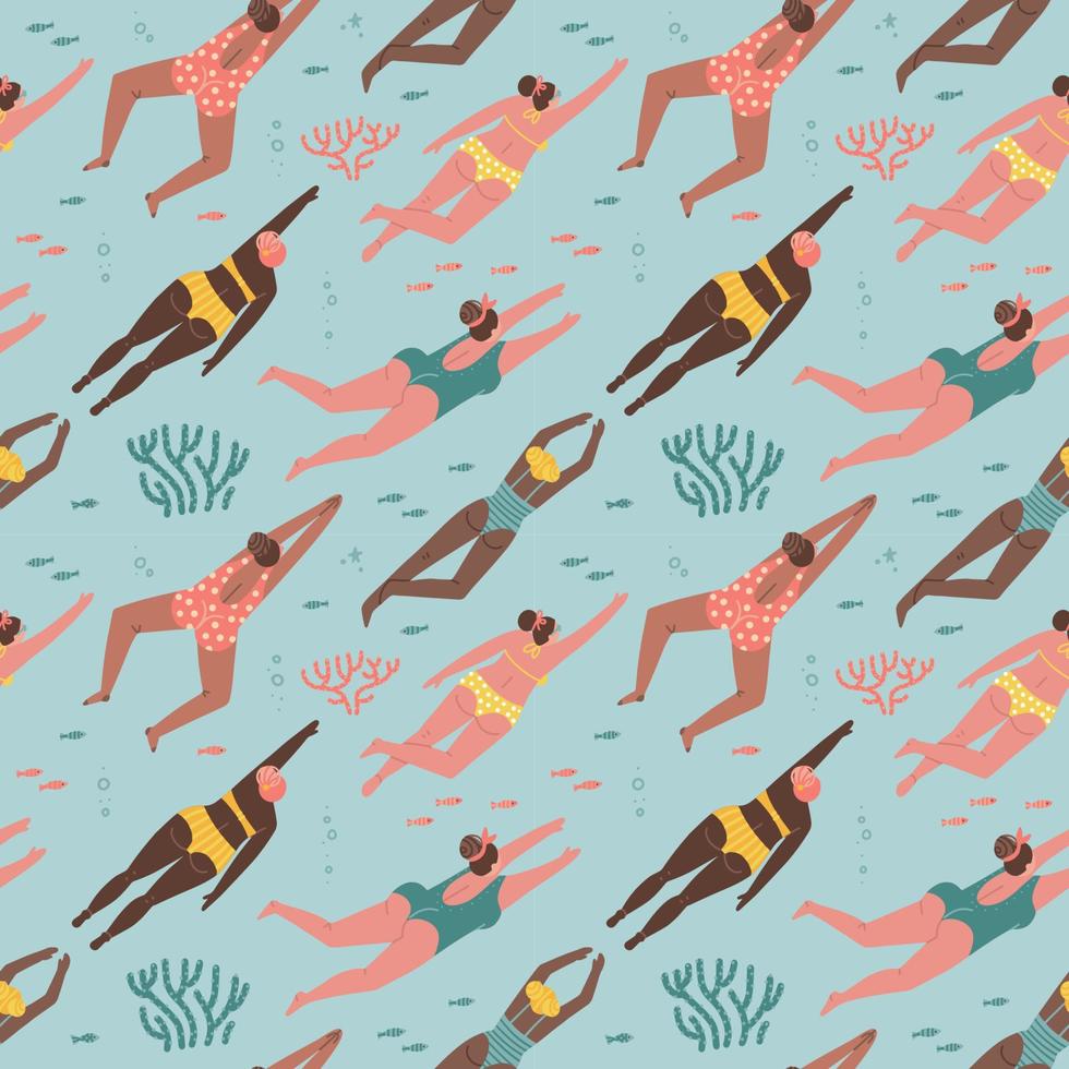 modèle sans couture de plage d'été. jolies femmes nageant dans la mer. illustration vectorielle à plat dessinée à la main avec des nageuses. vecteur