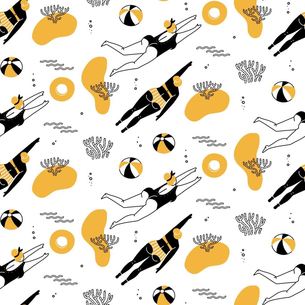 modèle sans couture de filles et de femmes nageant sur la mer tropicale avec des poissons et des coraux, vue de dessus. doodle illustration noir et blanc dessinée à la main vecteur