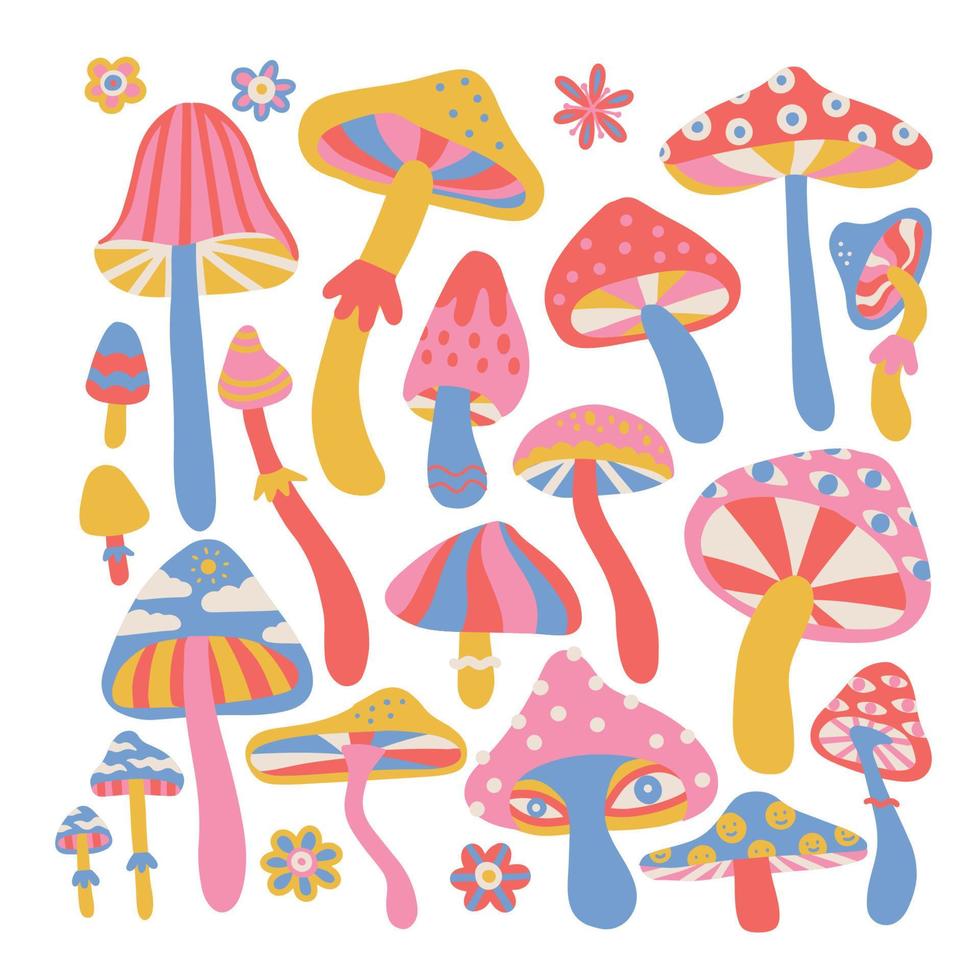 champignons trippants psychédéliques rétro des années 70 isolés sur fond blanc. champignon hallucinogène coloré dessiné à la main illustration vectorielle plane vecteur