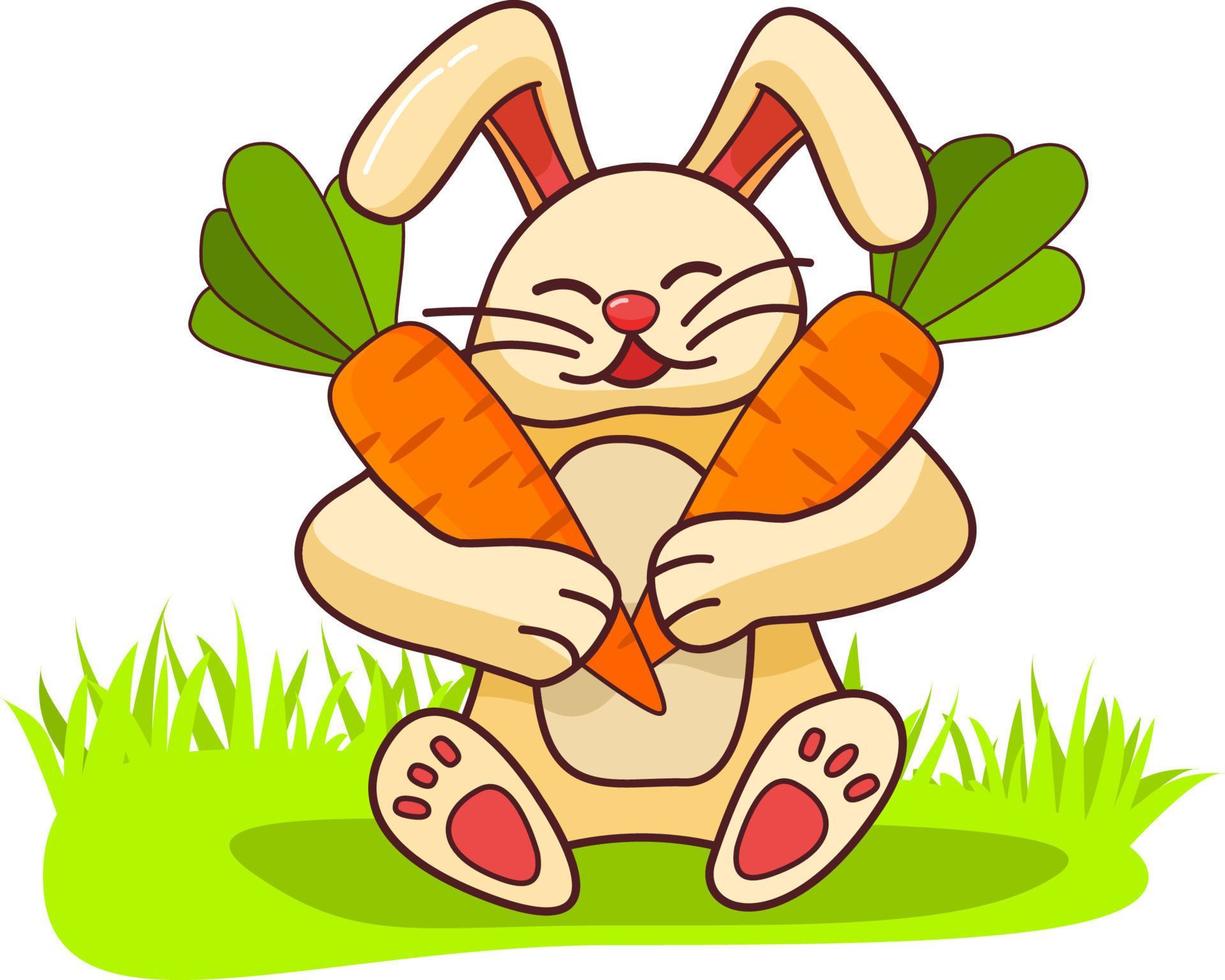 lapin heureux tient des carottes. lièvre animal avec une récolte de légumes sur l'herbe. vecteur d'illustration pour enfants plats. isolé sur fond blanc.
