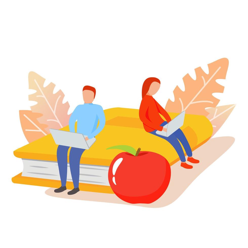 gars avec ordinateur portable.le concept d'apprentissage en ligne à distance.éducation en ligne.fille avec un ordinateur.pomme rouge.livres de bibliothèque de formation du personnel. concept d'illustration vectorielle pour la conception web.tutoriels vidéo. vecteur