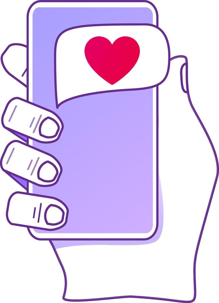 main masculine tenant un smartphone avec un nouveau courrier avec un coeur. concept téléphone message d'amour. communication en ligne. vecteur d'illustration de contour plat. bulle de parole.