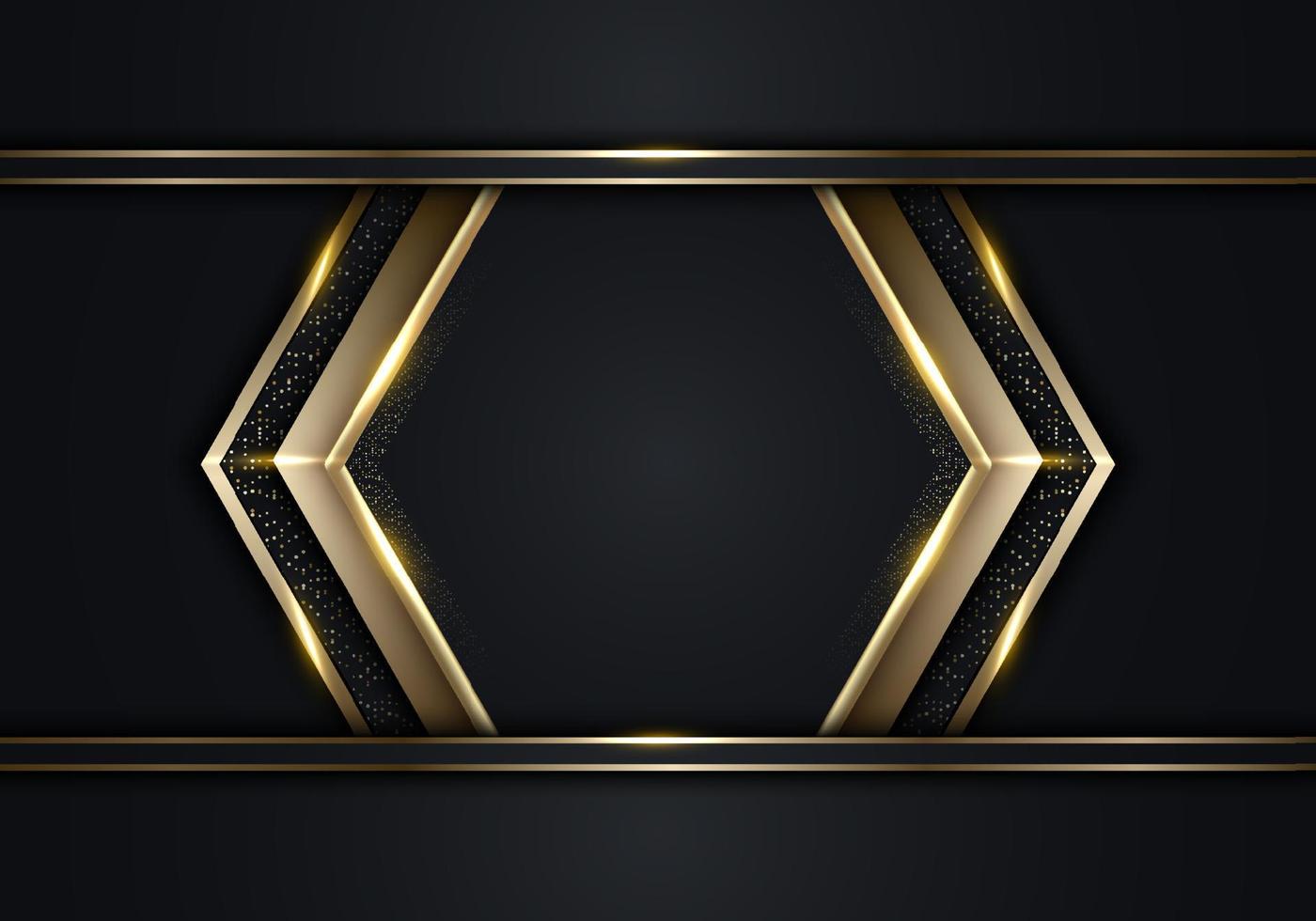 conception de modèle de bannière de luxe moderne triangles de flèche noire et paillettes dorées lignes de rayures dorées 3d étincelant sur fond sombre vecteur