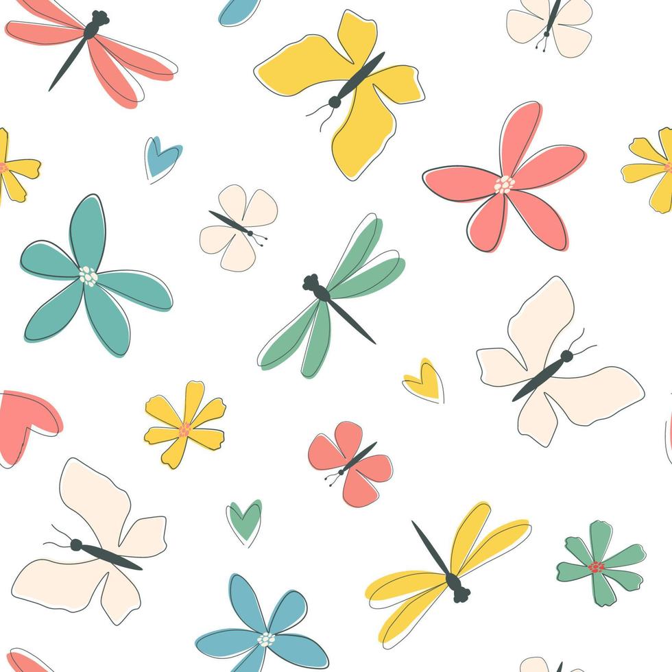 modèle sans couture avec ornement abstrait d'été. imprimé minimaliste simple avec des fleurs, des libellules, des papillons. graphiques vectoriels. vecteur