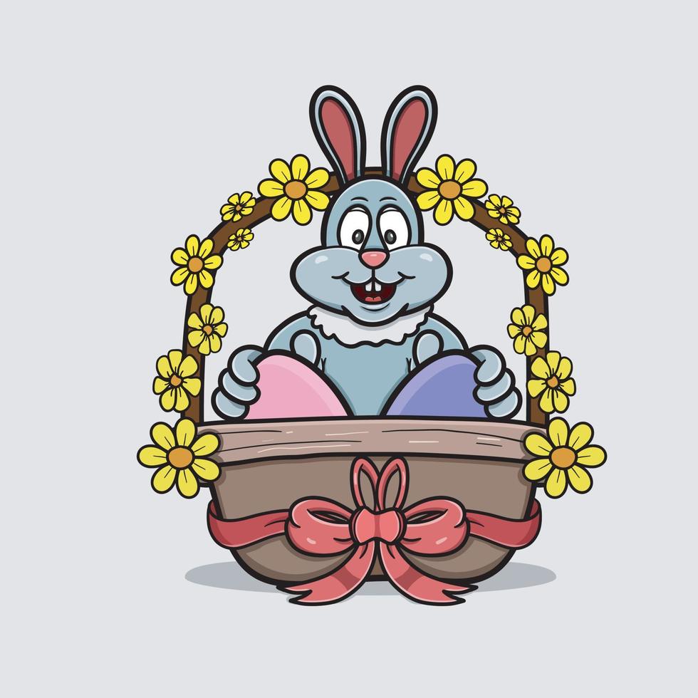dessin animé de lapin de mascotte avec des oeufs sur le logo du panier. thème de joyeuses pâques. vecteur