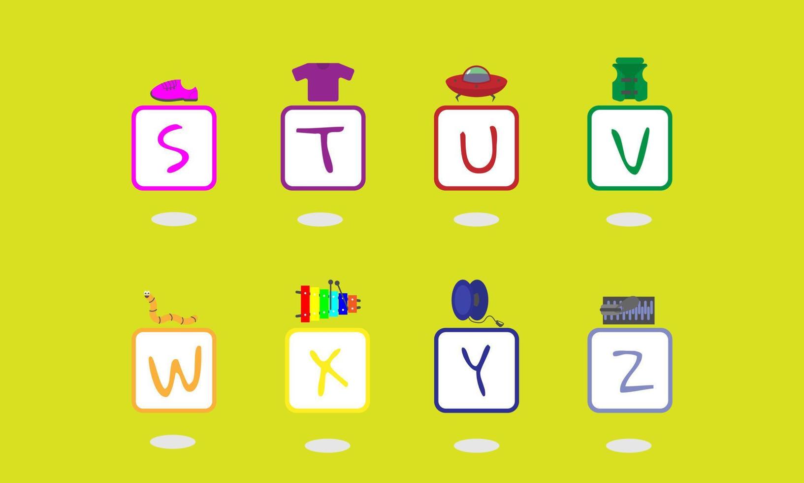 lettres majuscules s à z dans un carré avec un exemple d'objet au-dessus du carré. adapté aux produits pour enfants vecteur