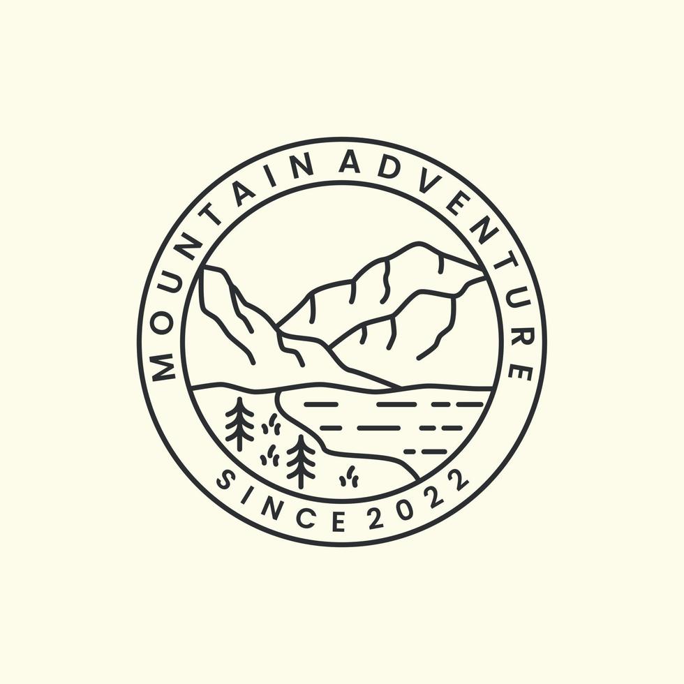 aventure en montagne avec badge et modèle d'icône de logo de style dessin au trait design.river, arbre, illustration vectorielle vecteur