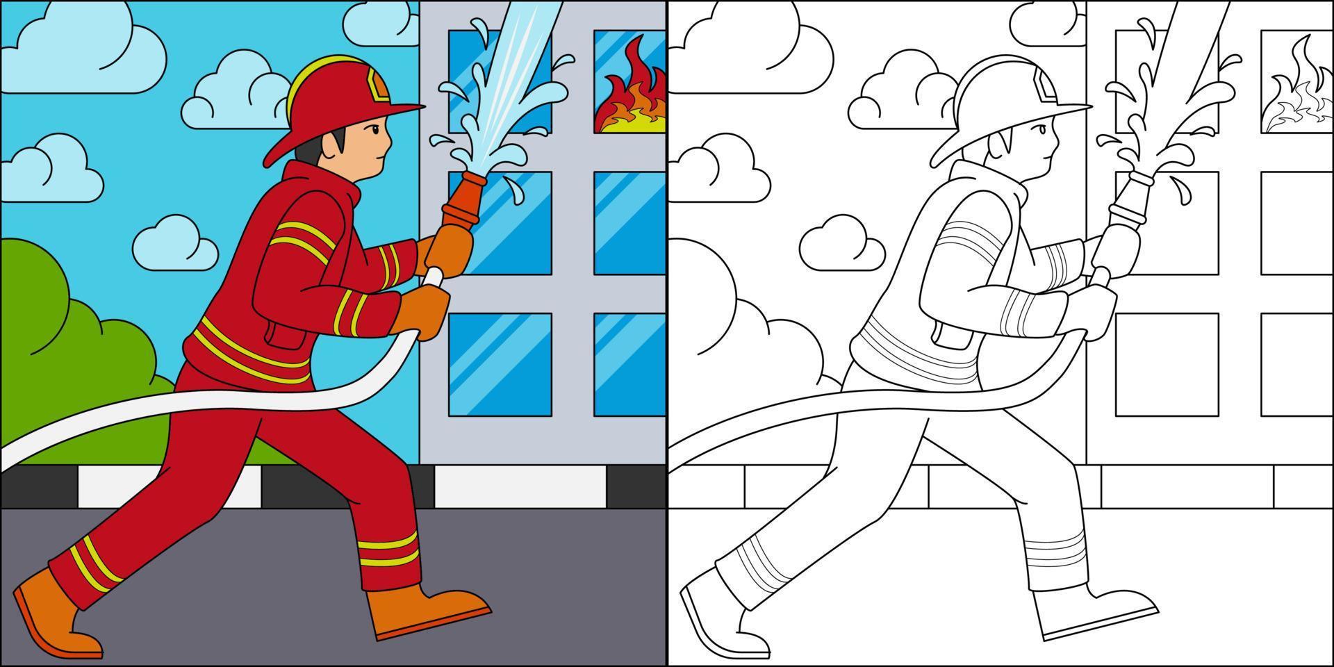 les pompiers éteignent le bâtiment en feu adapté à l'illustration vectorielle de la page de coloriage pour enfants vecteur