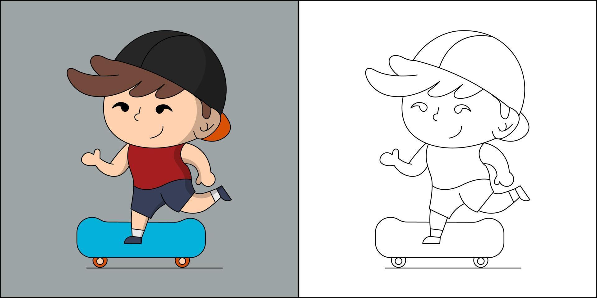 mignon garçon skateboard adapté à l'illustration vectorielle de la page de coloriage pour enfants vecteur