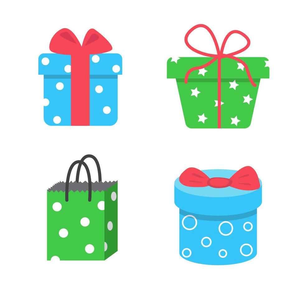 ensemble de différents coffrets cadeaux et sacs, illustration vectorielle dans un style plat de dessin animé. coloré enveloppé. vente, vacances, concept de shopping. couleurs bleu, vert et rouge. design coloré isolé sur blanc vecteur