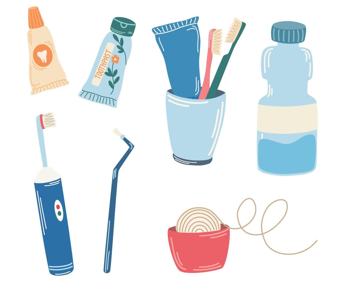 outils de soins dentaires. brosse à dents, dentifrice, fil dentaire, brosse à dents électrique. produit pour nettoyer les dents. concept abstrait de soins dentaires et bucco-dentaires. illustration de dessin animé de vecteur