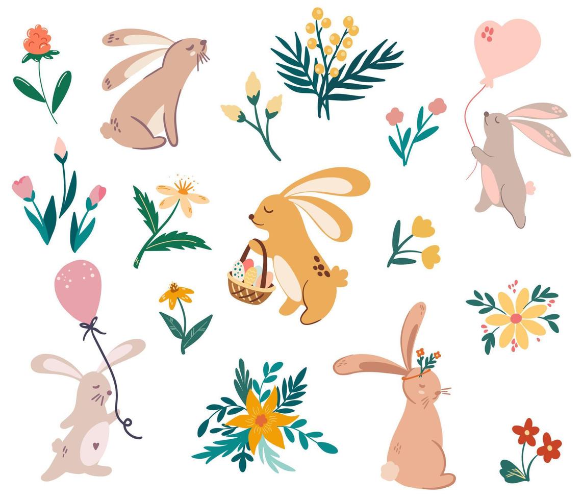 lapins et fleurs. joyeuses Pâques. lapins mignons et fleurs sauvages. parfait pour imprimer des cartes postales, des impressions et des affiches pour enfants. illustration de dessin animé de vecteur