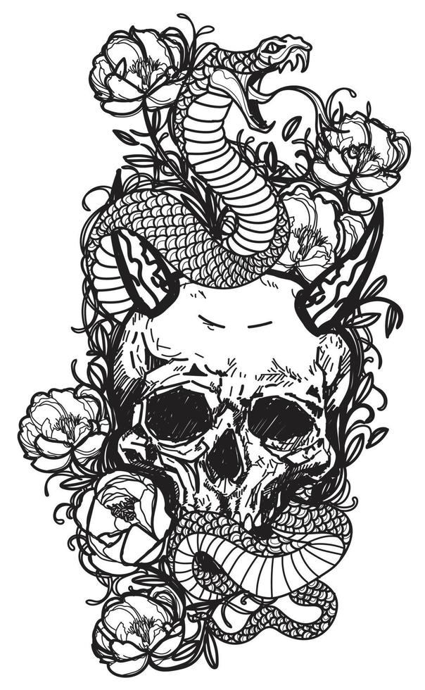 tatouage art crâne et serpent croquis noir et blanc vecteur