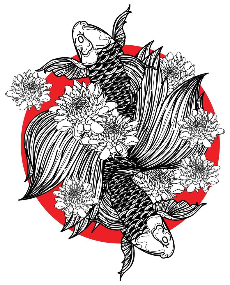 tatouage art japon conception de poisson dessin à la main et croquis vecteur