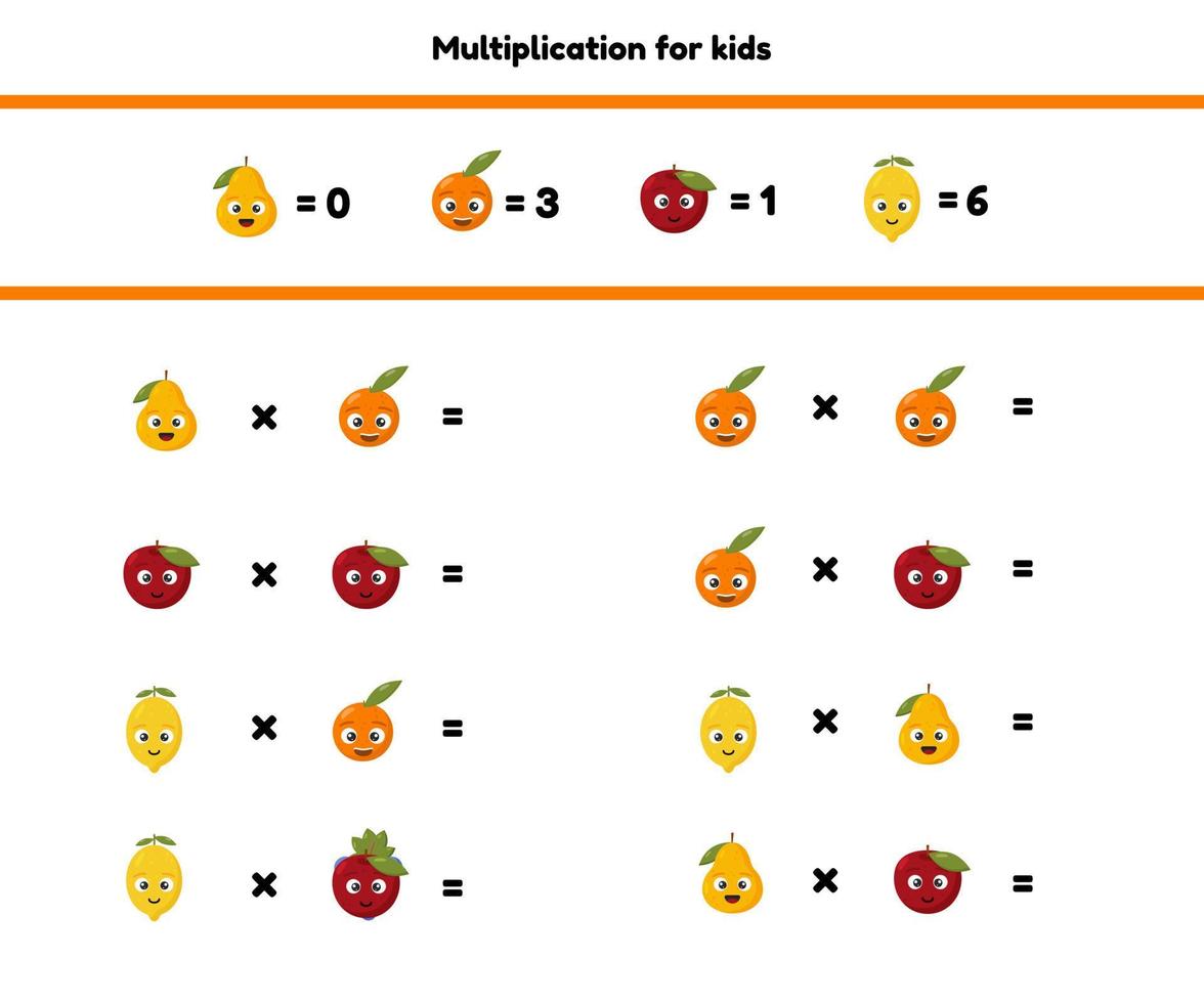 jeu de mathématiques pour les enfants d'âge préscolaire et scolaire. compter et insérer les bons chiffres. multiplication. des fruits. vecteur