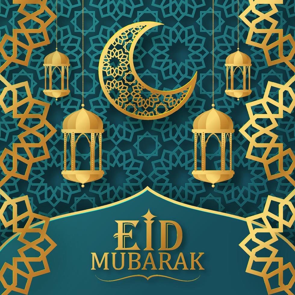 eid mubarak avec croissant de lune et mosquée. vecteur
