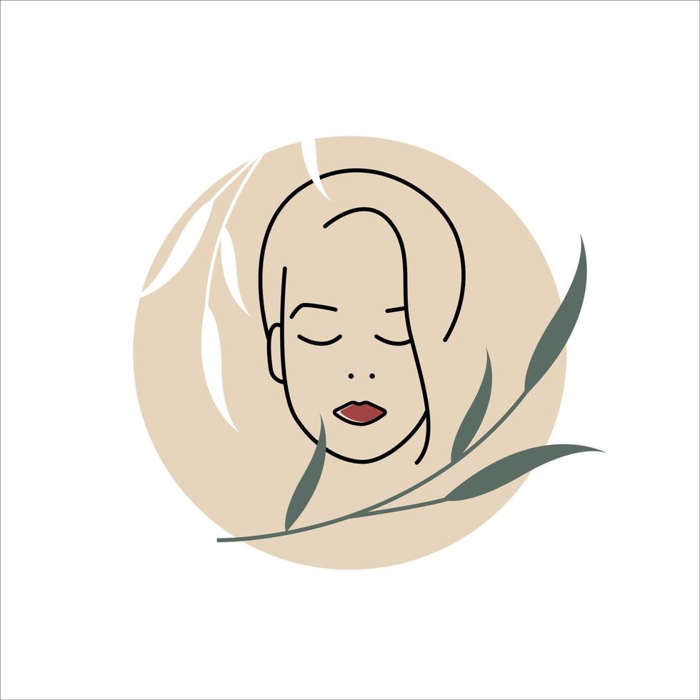 icône de femme spa. portrait féminin avec des feuilles fraîches. autocollant de joli visage. concept d'art en ligne. bon pour salon de beauté, spa, cosmétiques. illustration vectorielle sur fond blanc vecteur