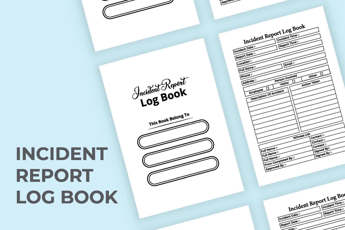 intérieur du cahier de rapport d'incident. suivi des informations sur les incidents et modèle de cahier de données des témoins. intérieur d'un journal. rapport d'incident et intérieur du journal de bord de description. vecteur