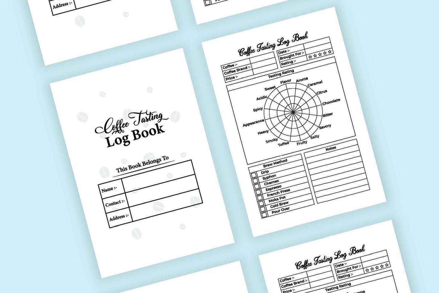 intérieur d'un modèle de cahier de dégustation de café. état du café et intérieur du journal d'évaluation du goût. l'intérieur d'un journal de bord. instructions de préparation du café et modèle de carnet de résultats de dégustation. vecteur