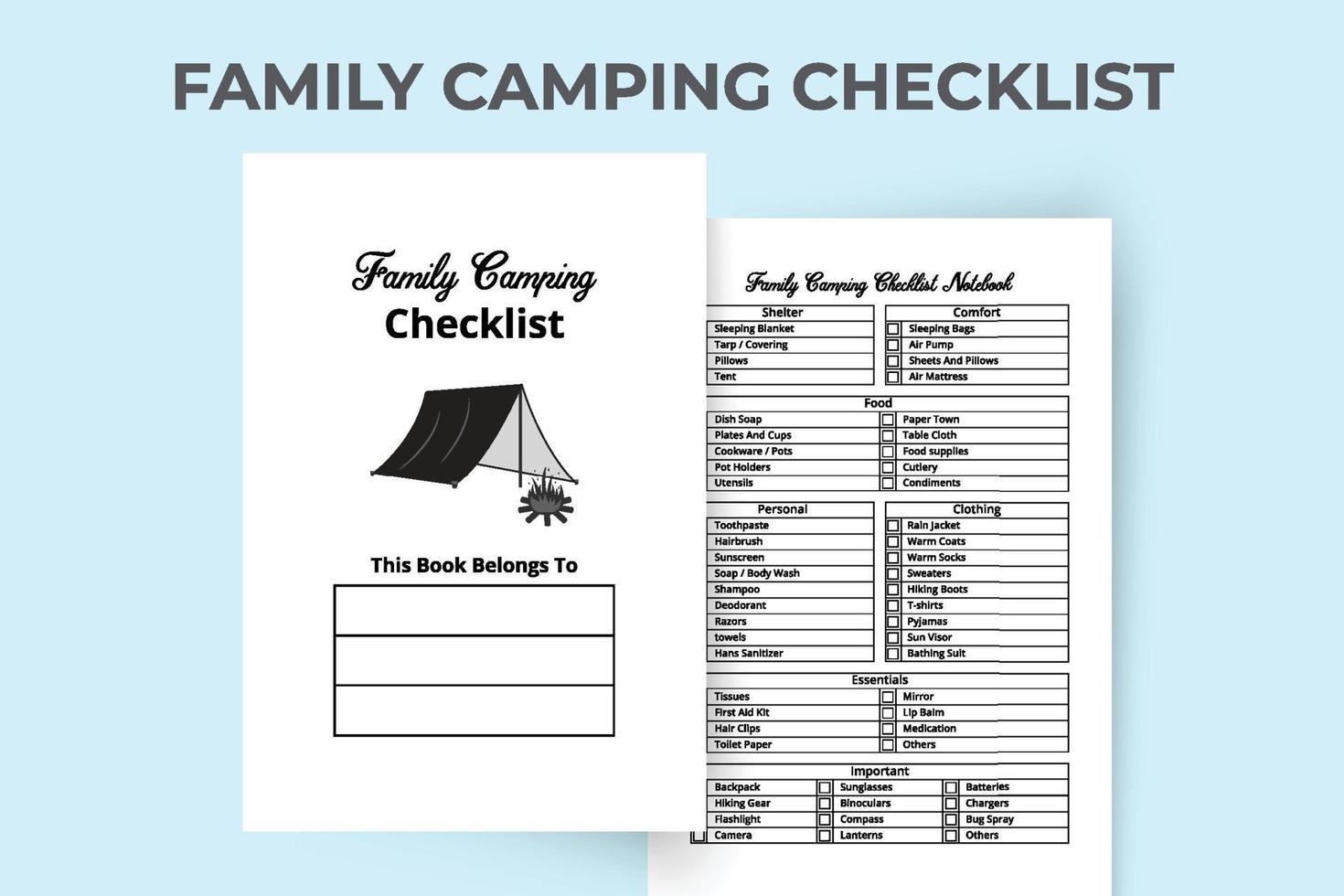 intérieur de la liste de contrôle du camping familial. planificateur de camping familial en plein air et modèle de suivi des vacances. intérieur d'un cahier. camping de vacances en famille et intérieur du journal d'informations touristiques. vecteur