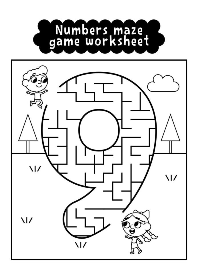 feuille de travail de jeu de labyrinthe de chiffres en noir et blanc pour les enfants d'âge préscolaire. jeu de labyrinthe de nombres. exercices d'apprentissage des nombres. vecteur