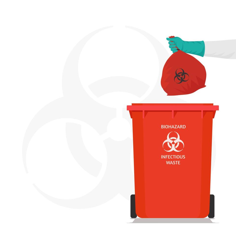 illustration vectorielle, le personnel de l'hôpital de nettoyage prend les sacs à ordures infectés, les jette dans le signe de symbole de déchets infectieux à risque biologique marqué, vecteur