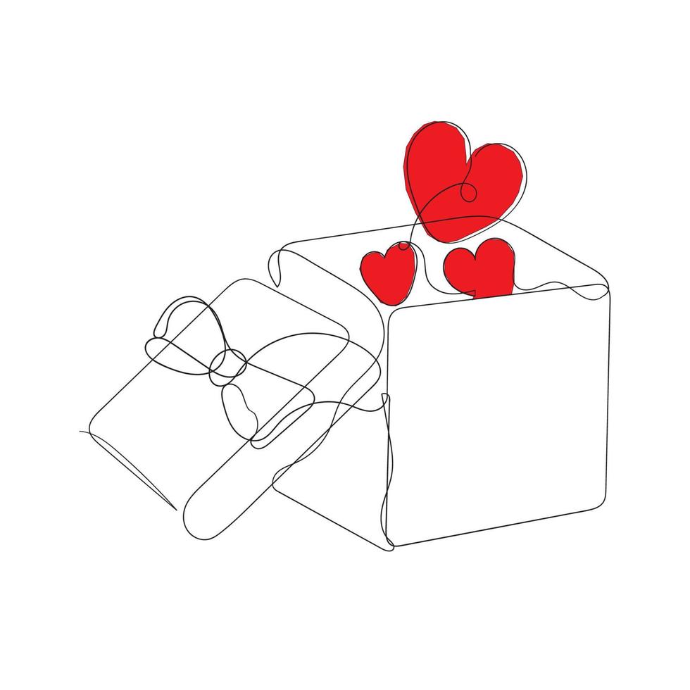 dessin au trait continu boîte cadeau ouverte et l'amour en sort vecteur d'illustration