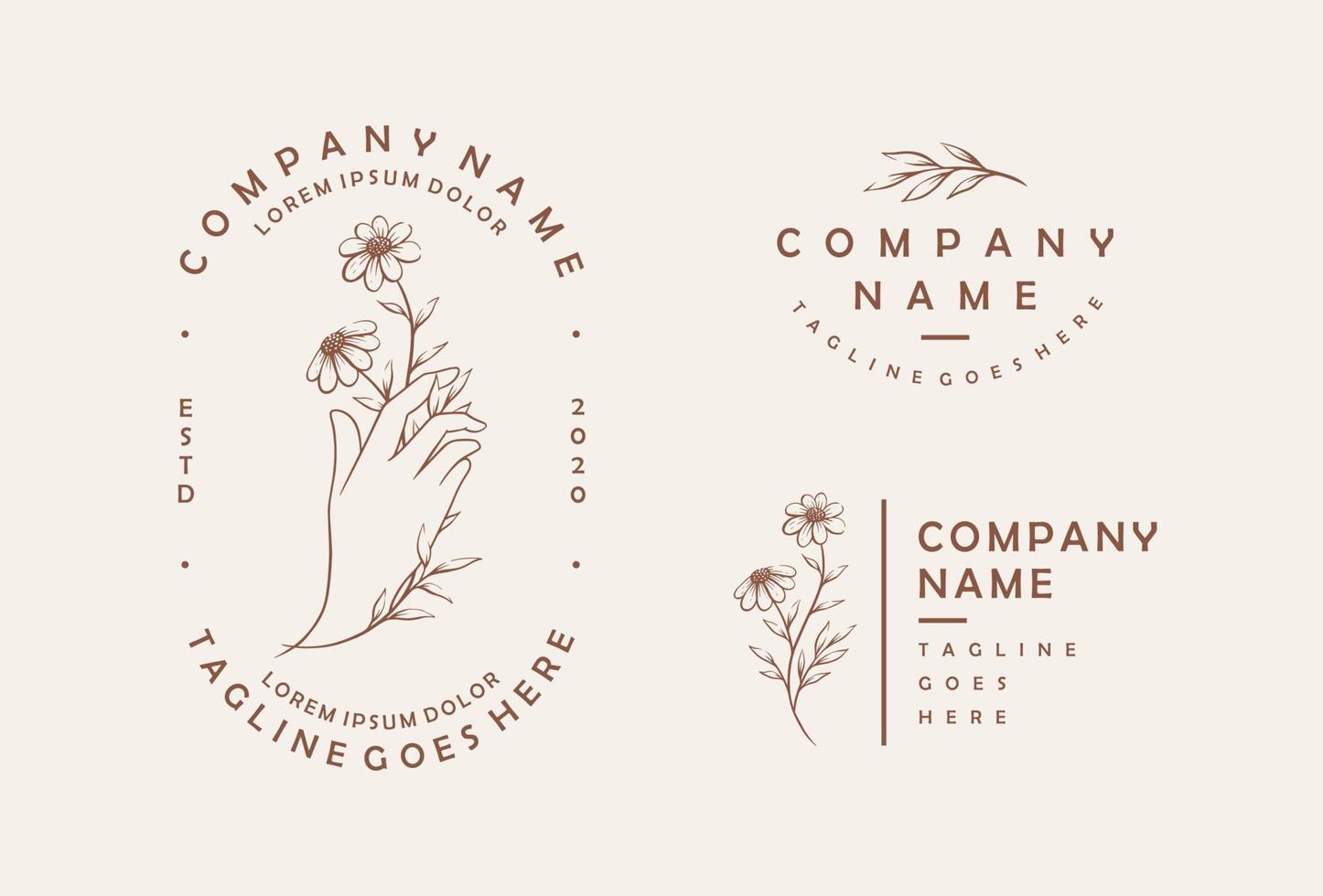 signes vectoriels féminins dessinés à la main ou ensemble de modèles de logo. main avec illustration de fleur avec typographie chic. vecteur