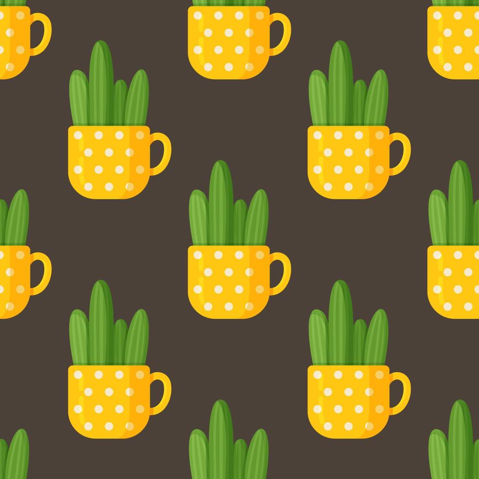 illustration vectorielle du motif de tasse de cactus. dessin harmonieux d'un long cactus dans une belle tasse jaune. vecteur