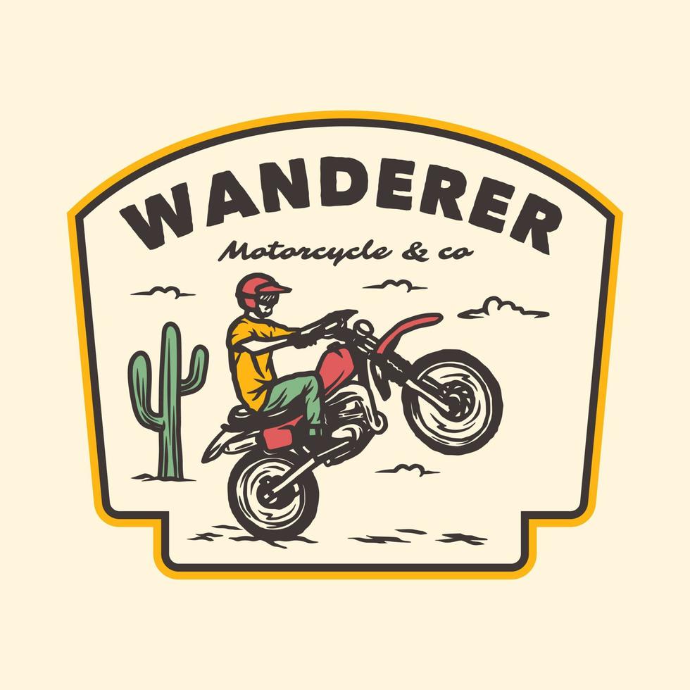 insigne d'étiquette de logo d'aventure de vie sauvage de moto vintage dessiné à la main vecteur