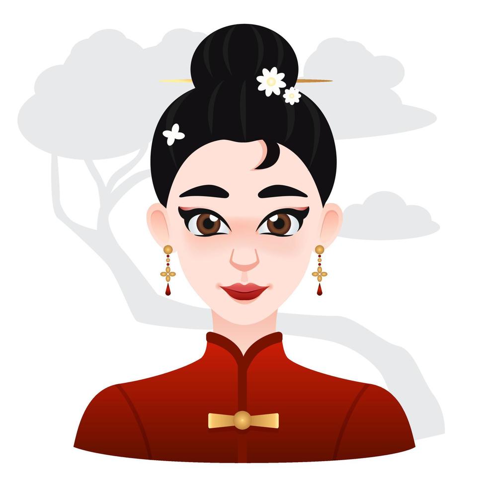 belle femme asiatique de dessin animé. cheveux noirs avec clip de fleurs sur le dessus. illustration orientale pour le web, le jeu ou la publicité vecteur