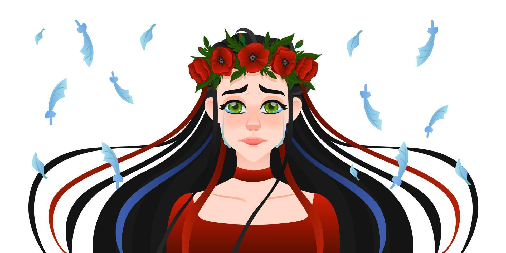 jeune femme brune belle avec une couronne de fleurs sur la tête portrait avec des coquelicots rouges et des plumes vecteur