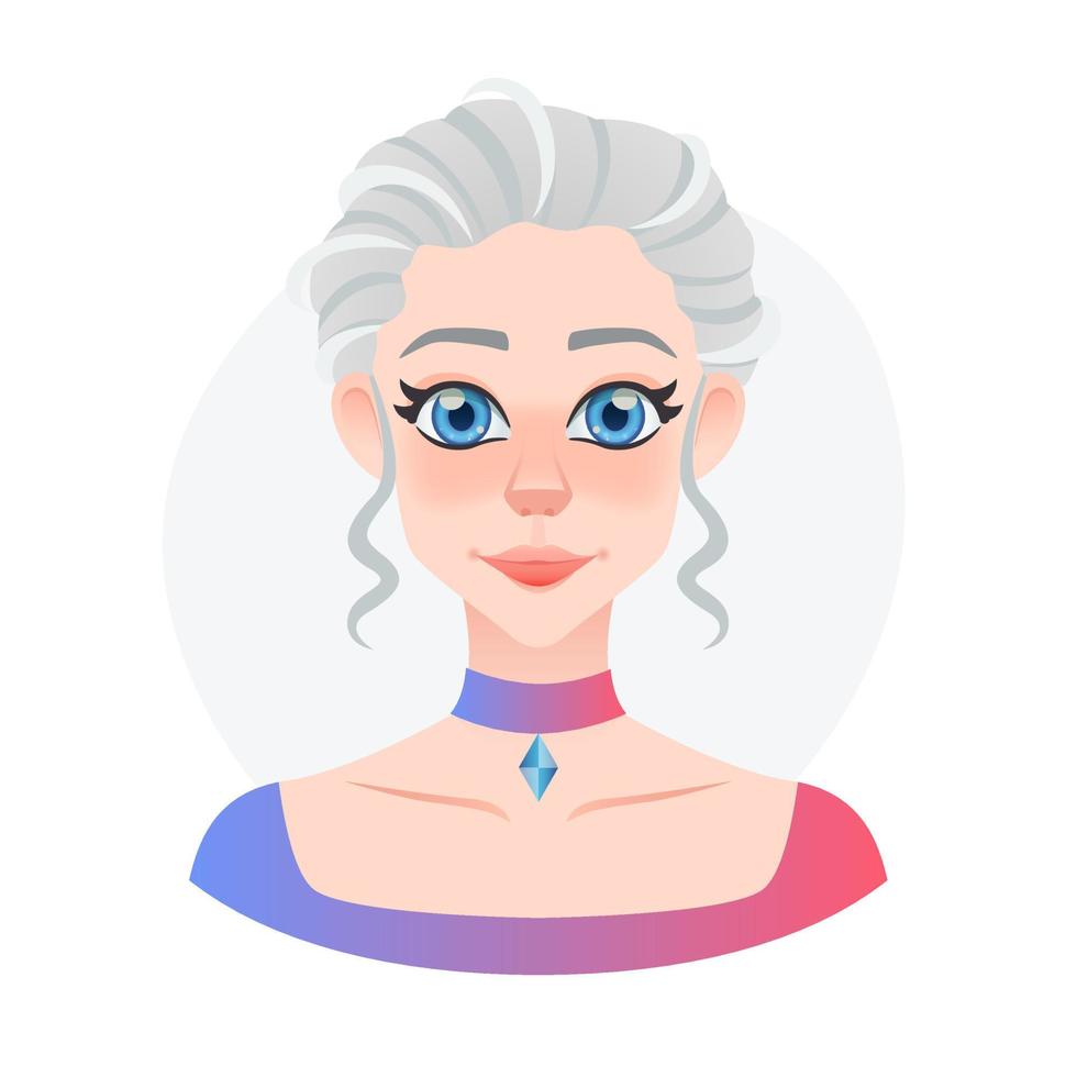 avatar de dessin animé reine congelée. personnage de jeu. portrait de belle jeune femme aux cheveux blancs. grands yeux bleus d'anime. vecteur