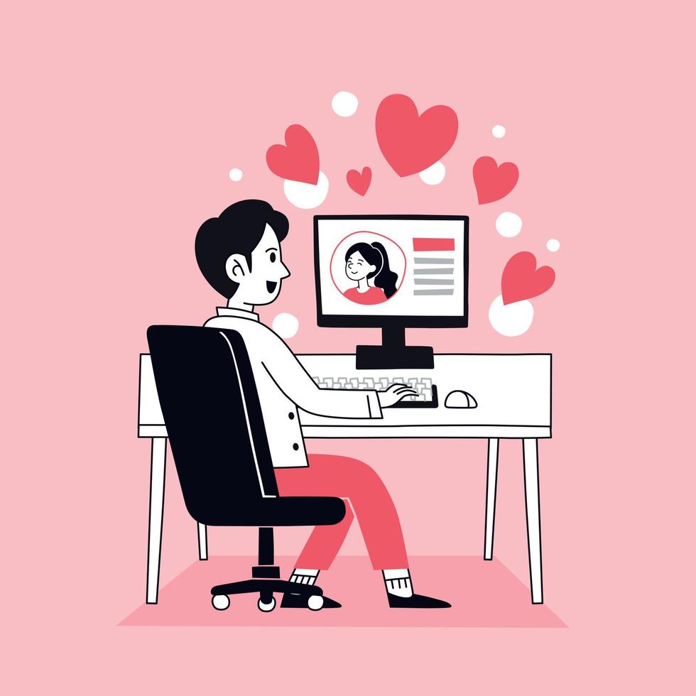 un homme assis devant un ordinateur de bureau datant avec une fille sur le site Web vecteur