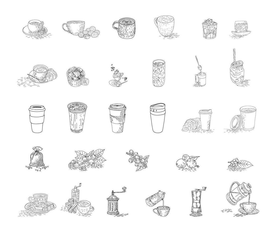 illustration vectorielle de café set dessinés à la main. vecteur