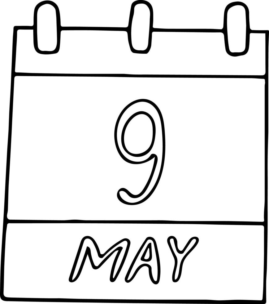 calendrier dessiné à la main dans un style doodle. 9 mai. journée mondiale des oiseaux migrateurs, europe, date. icône, élément autocollant pour la conception. planification, vacances d'affaires vecteur