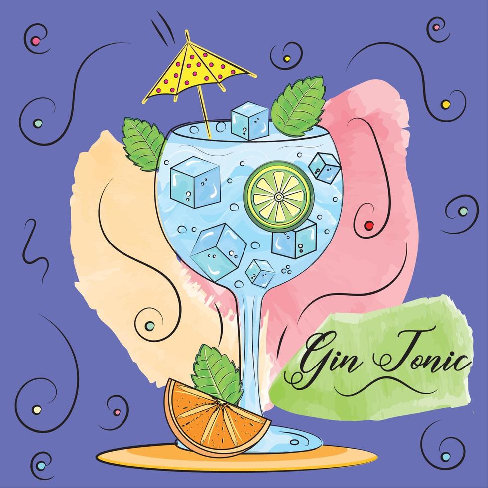 croquis d'un cocktail gin tonic tropical avec des glaçons vecteur de boisson tropicale